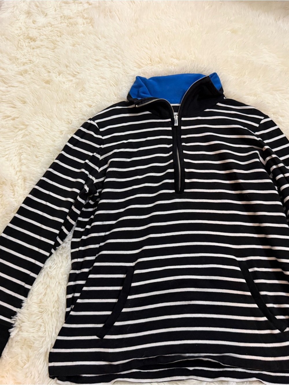 Women’s Black & White Striped Quarter-Zip Pullover with Blue Collar